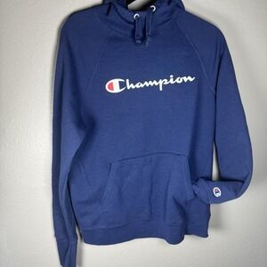 Champion Hoodie Mens Medium Blue Sweatshirt Sweater Pullover Logo Spellout